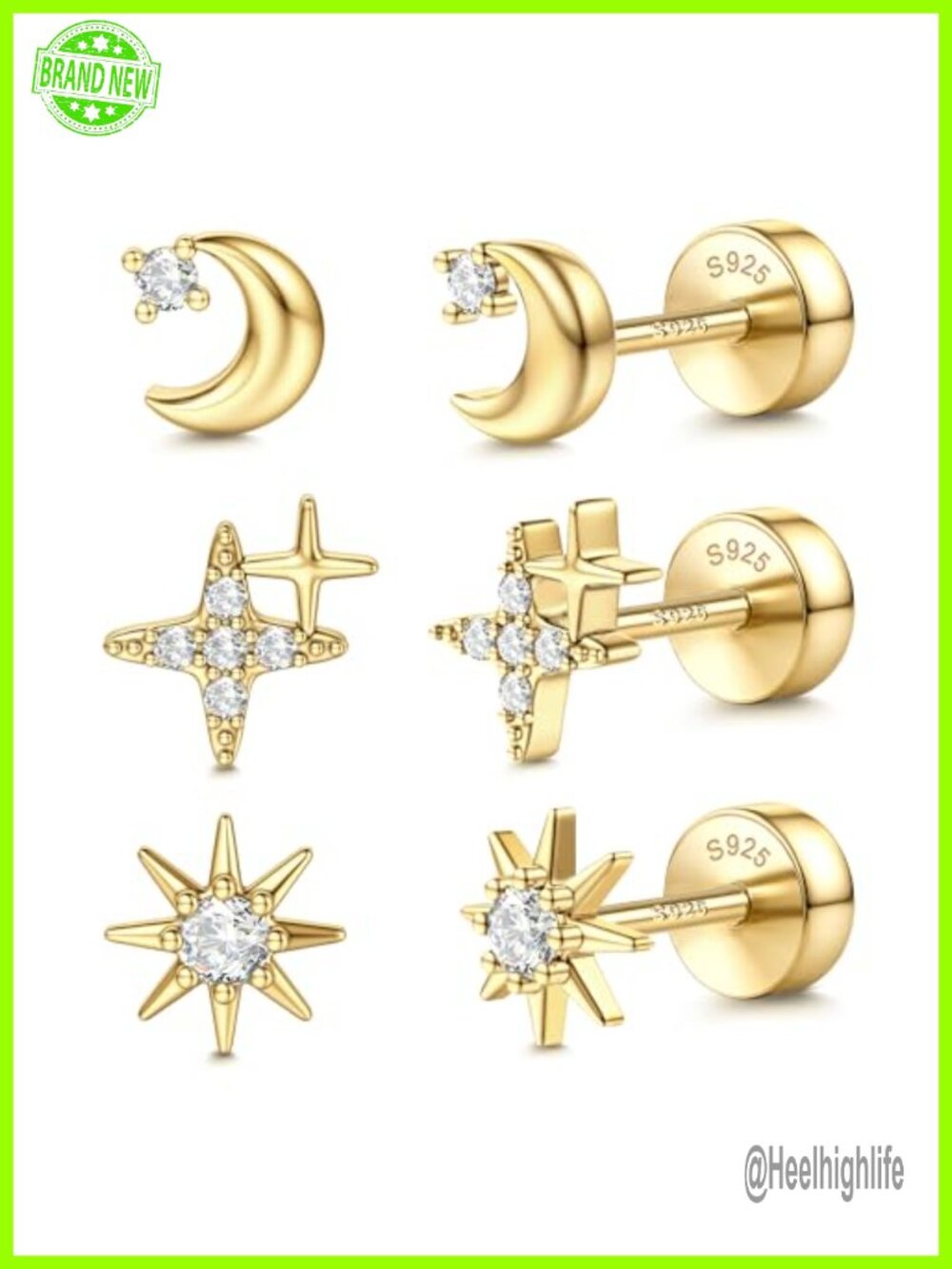 14K Gold Plated 925 Sterling Silver Flat Back Stud Earrings Set Hypoallergenic